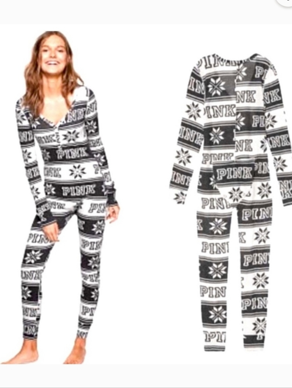 Victoria's Secret Pink Thermal Onesie Snowflake Pajamas Size M